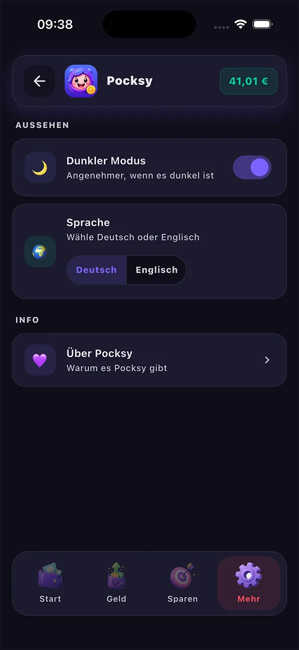 Pocksy Einstellungen – Dark Mode und Sprache