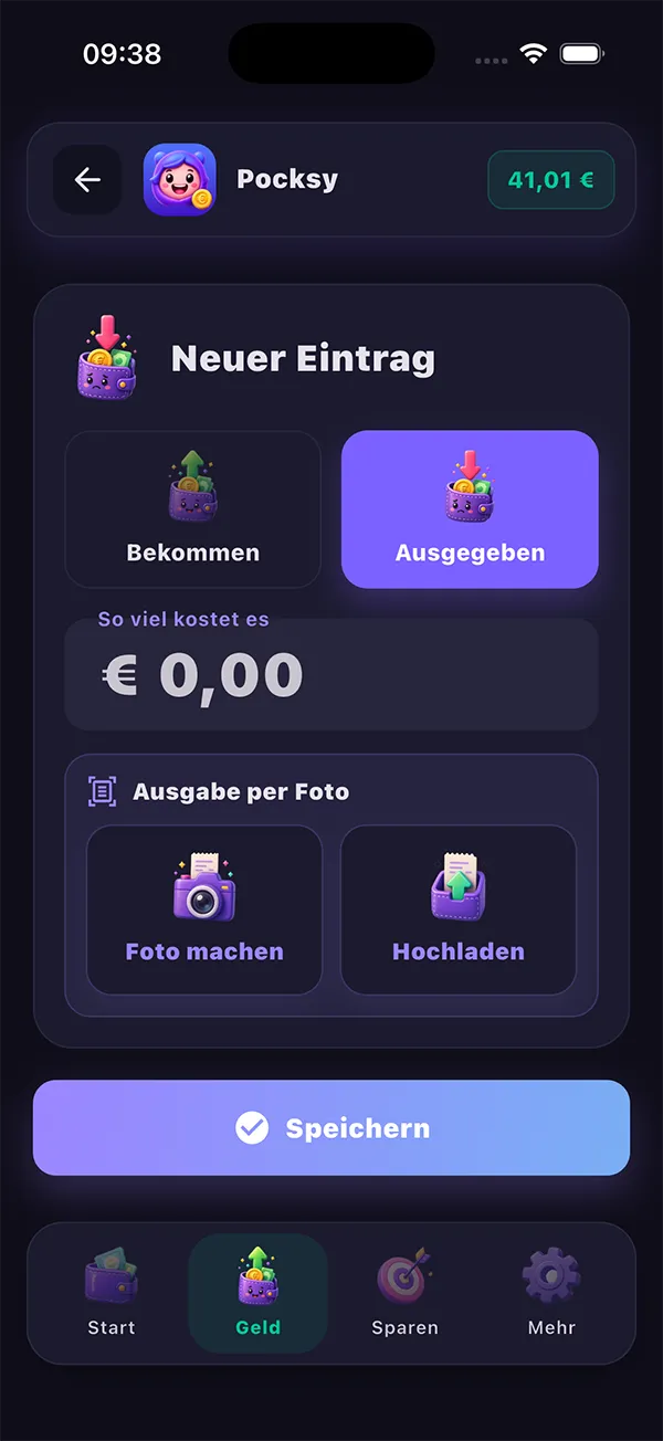 Pocksy Neuer Eintrag – Ausgabe erfassen mit Bon-Scanner